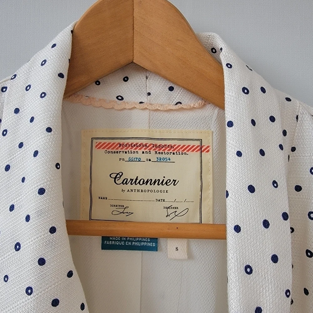 Anthropologie Cartonnier Polka Dot Blazer Size Small White Blue Bolero Jacket